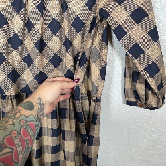 Summersalt Women XS Black Brown Buffalo Check Tiered Midi Dress Cotton Cottage - Picture 4 of 9